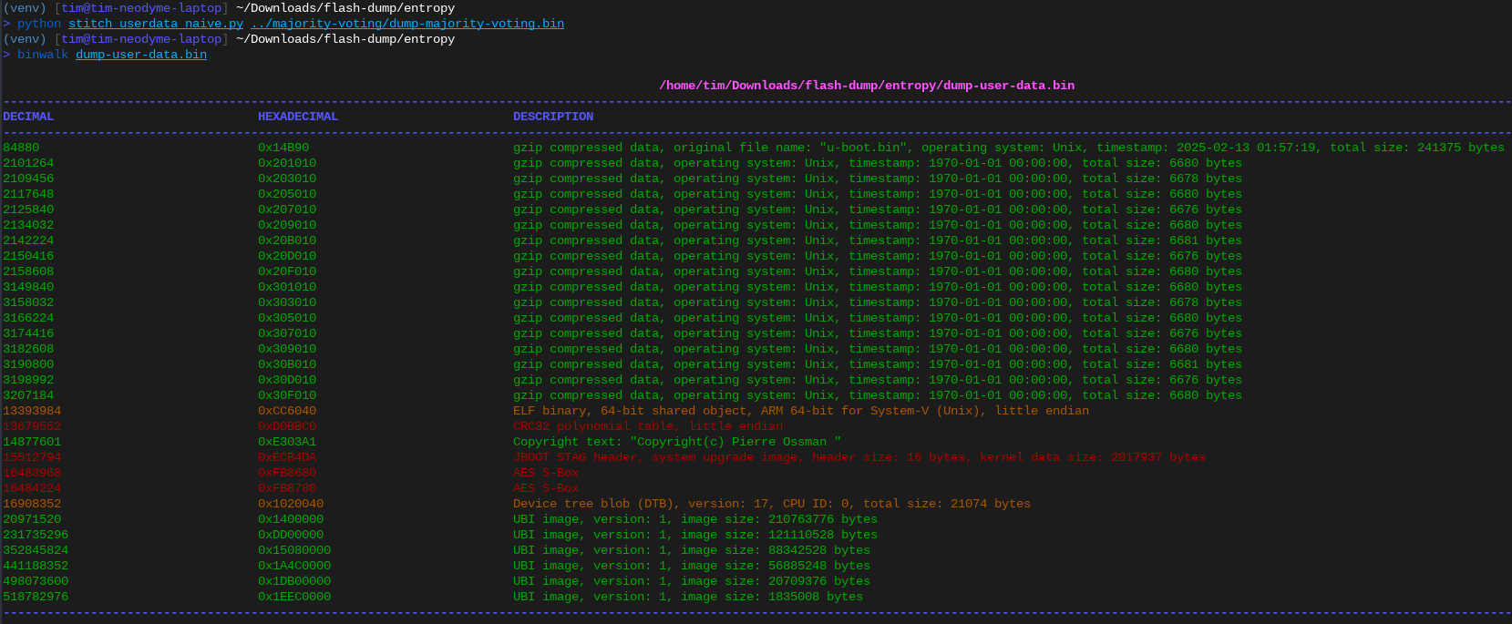 Binwalk output of the correctly defragmented user data section