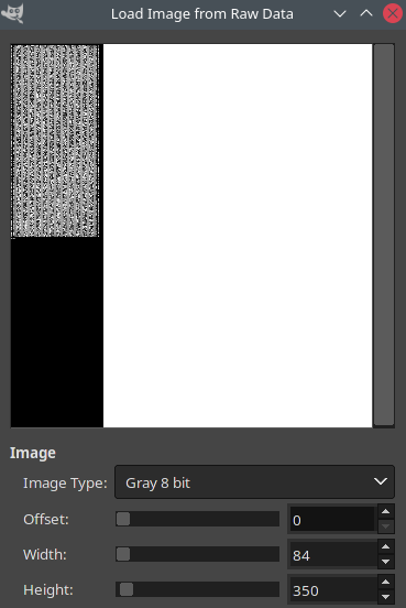 Raw decrypted fingerprint image in GIMP. Note the repeating structure in the image -> Width is 84 bytes.